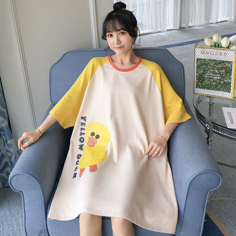 Váy ngủ nữ cotton mùa hè ngọt ngào và đáng yêu cho bà bầu Kiểu mùa hè có thể mặc đồ ngủ rộng và mỏng Dịch vụ sinh viên tại nhà mùa hè - Đêm đầm