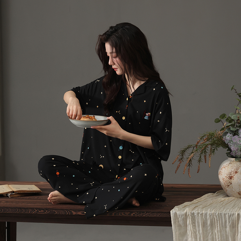 Women's Summer Pajamas, Modal Cotton Short-Sleeve Long Pants, Black Summer Cardigan, Can Be Worn Outside, Deep Starry Sky Home Wear