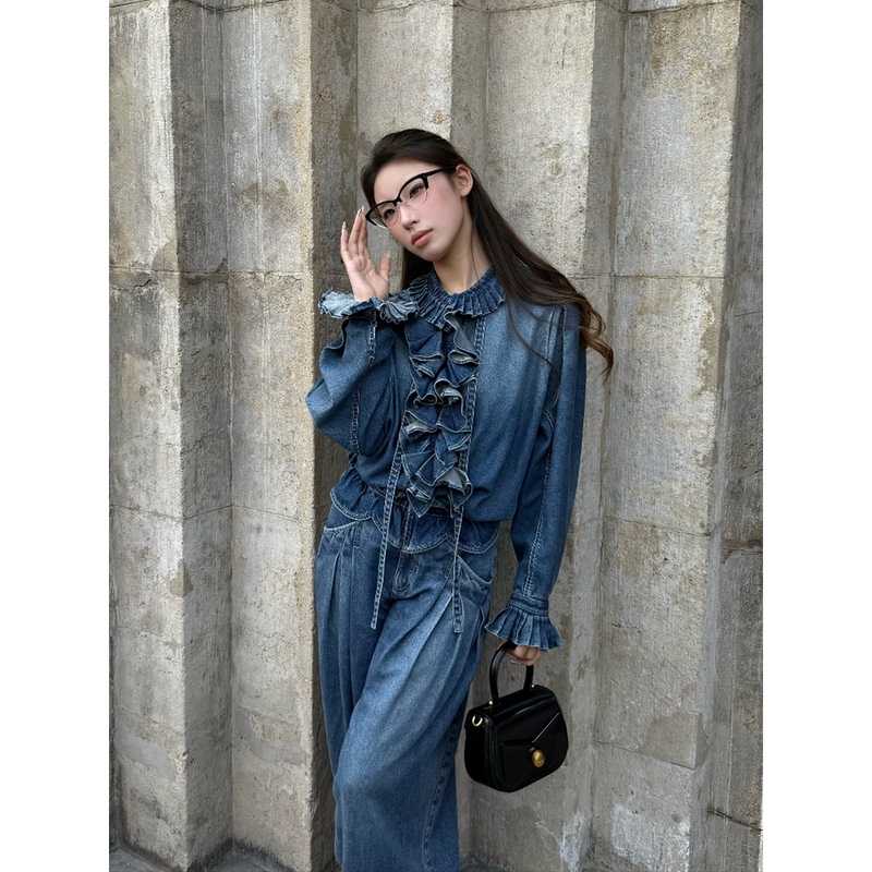 2026 Autumn New Fashion Retro Ruffle Collar Thin Denim Long Sleeve Top Gyzf68404