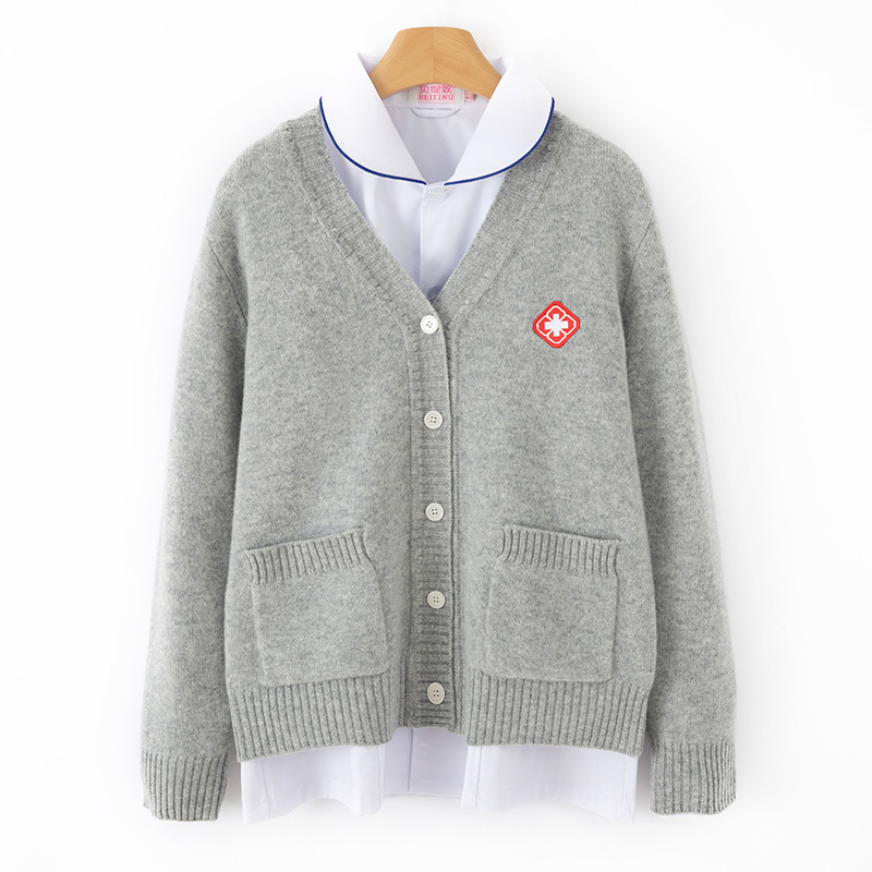 100% Pure Wool Nurse Sweater Jacket for Spring, Autumn and Winter, Thickeneded Large Size Outerwear, Gray Medical Staff Knitted Cardigan