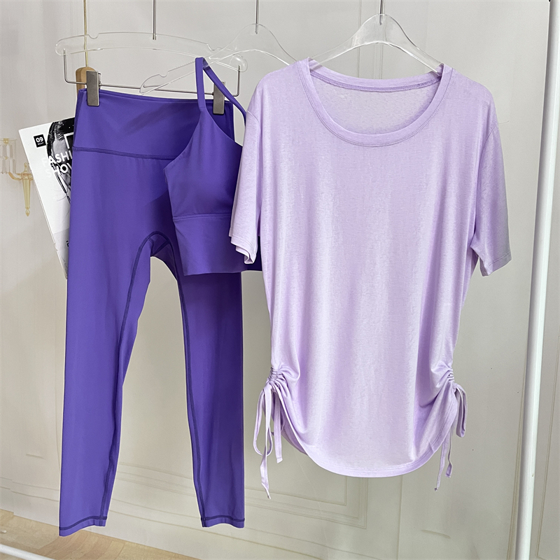 White-Enhancing and Gentle Purple Sports Suit for Women, Short-Sleeved, Loose-Fitting, Hip-Covering, Pilates, Nude-Feel Yoga Three-Piece Set White-Enhancing and Gentle Purple Sports Suit for Women, Short-Sleeved, Loose-Fitting, Hip-Covering, Pilates, Nude-Feel Yoga Three-Piece Set