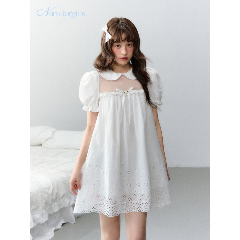 Narratorgirls White Angel Mesh Patchwork Cut Out Embroidered Floral Vintage Doll Short-Sleeved Dress Narratorgirls White Angel Mesh Patchwork Cut Out Embroidered Floral Vintage Doll Short-Sleeved Dress