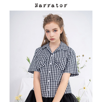 Narrator 20SS bow decoration loose black and white plaid blue and white plaid short sleeve short shirt