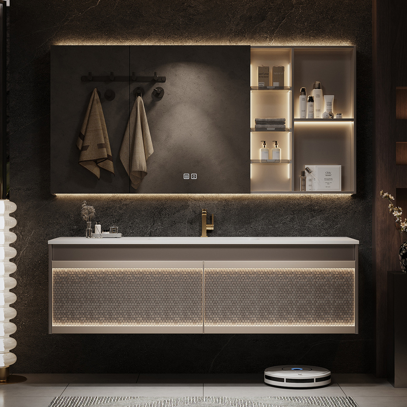 Light Luxury Textured Board Bathroom Cabinet Set with Integrated Rock Slab Hot-Bent Basin, Bathroom Sink, Washbasin Cabinet Light Luxury Textured Board Bathroom Cabinet Set with Integrated Rock Slab Hot-Bent Basin, Bathroom Sink, Washbasin Cabinet