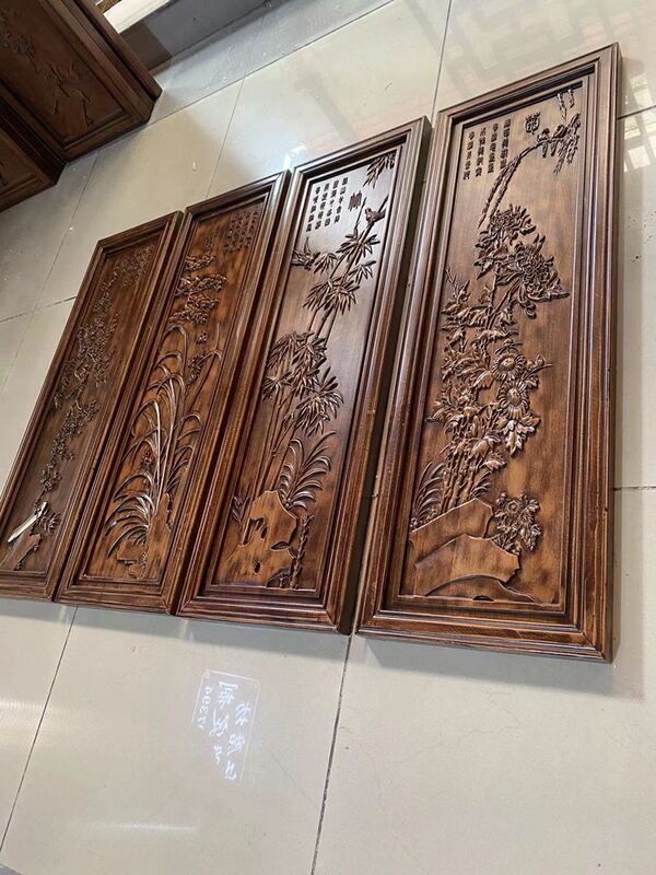 Dongyang Wood Carving Hanging Decoration, Four-Panel Set of Plum, Orchid, Bamboo, and Chrysanthemum, Fragrant Camphor Wood Relief Craftsmanship, Chinese-Style Living Room Background Wall Hanging