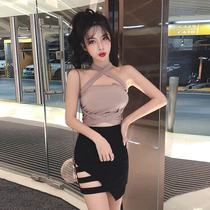 Geggejia sexy cross short top elastic irregular hollow high waist hip short skirt two-piece set 526