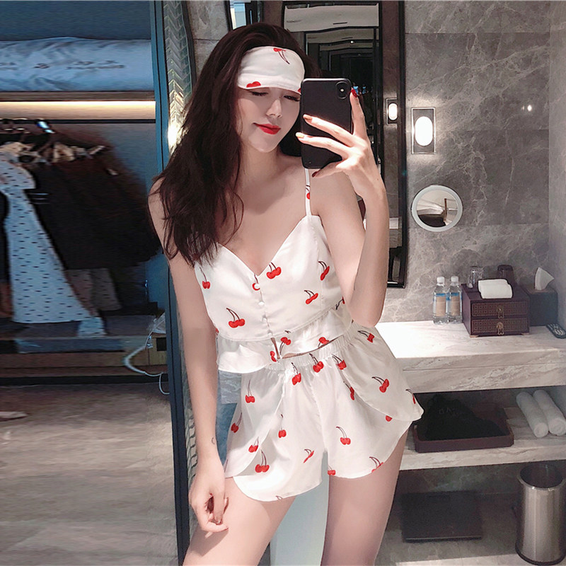 Geggejia sexy cherry print pajamas three-piece girl camisole vest shorts eye mask home clothing set