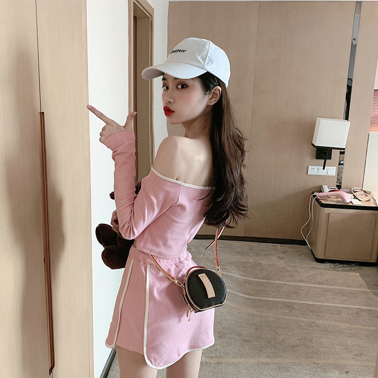 Розовый спортивный спортивный костюм, мини-юбка для йоги, спортивная одежда, открытые плечи, высокая талия для девушки 