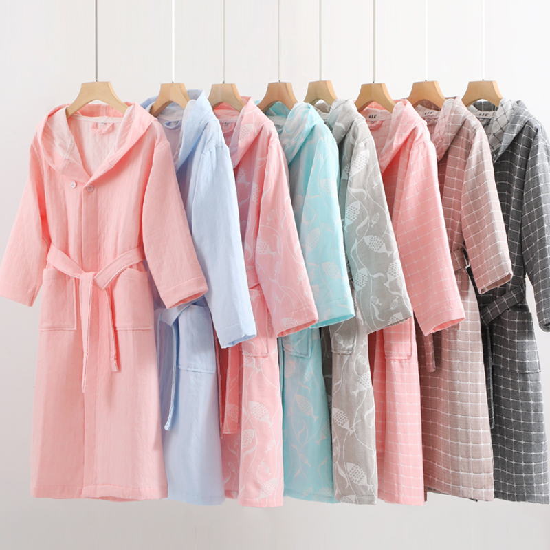Adult Gauze Hooded Spring and Summer Bathrobe for Women and Men, Kimono-Style, Three-Layer Soft Robe, Absorbent, for Swimming and Beauty Salon