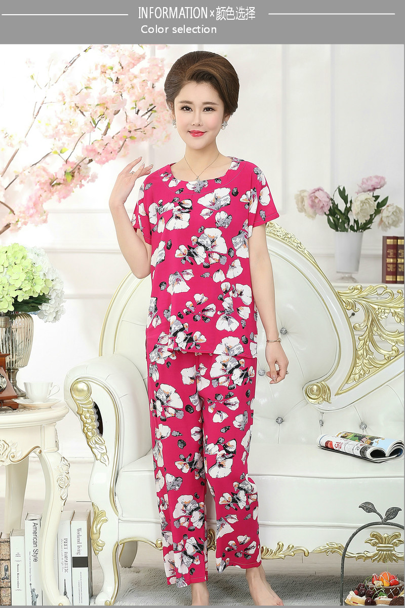 Mùa hè ngắn tay cotton lụa phù hợp với bông vải XL trung niên đồ ngủ phụ nữ vải cotton mẹ tải dịch vụ nhà