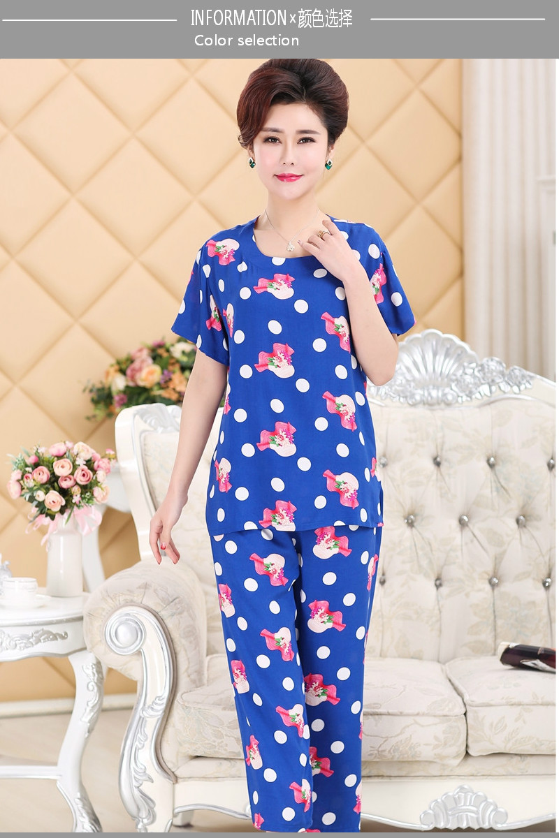 Mùa hè ngắn tay cotton lụa phù hợp với bông vải XL trung niên đồ ngủ phụ nữ vải cotton mẹ tải dịch vụ nhà