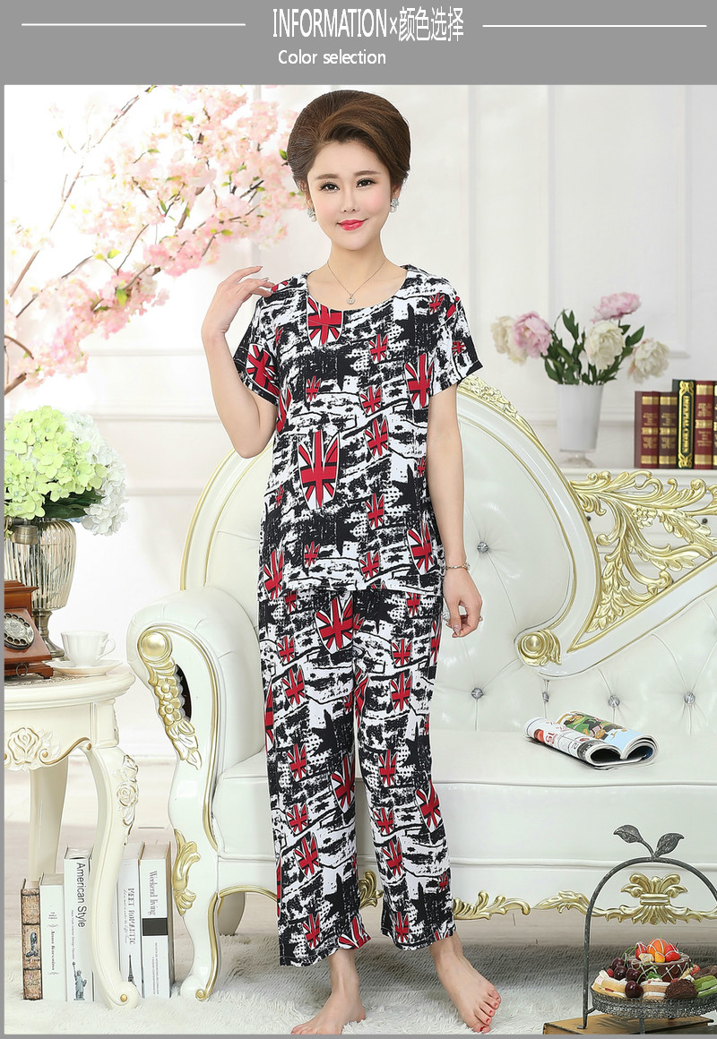 Mùa hè trung niên và người cao tuổi ngắn tay đồ ngủ đặt bông lụa XL của phụ nữ cotton mẹ nạp bông lụa dịch vụ nhà