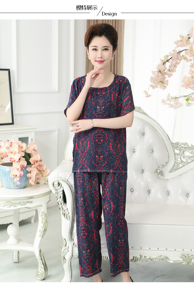 Mùa hè trung niên và người cao tuổi ngắn tay đồ ngủ đặt bông lụa XL của phụ nữ cotton mẹ nạp bông lụa dịch vụ nhà