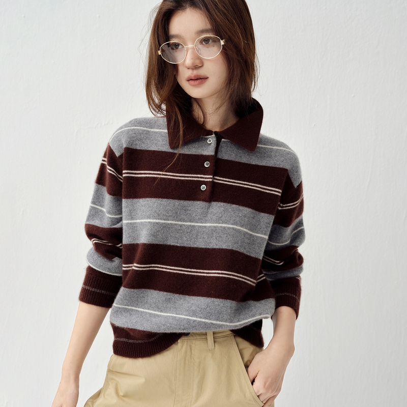 100% Pure Cashmere Thick Striped Polo Collar Women's Long-Sleeve Loose Knit Pullover for Autumn and Winter 100% Pure Cashmere Thick Striped Polo Collar Women's Long-Sleeve Loose Knit Pullover for Autumn and Winter