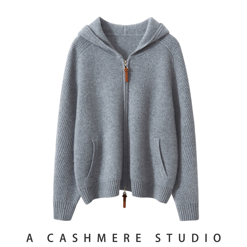 100% Pure Cashmere Thickened Hooded Double-Zip Cardigan Women's Knitted Jacket Long-Sleeved Casual Loose Warm Simple Style 100% Pure Cashmere Thickened Hooded Double-Zip Cardigan Women's Knitted Jacket Long-Sleeved Casual Loose Warm Simple Style