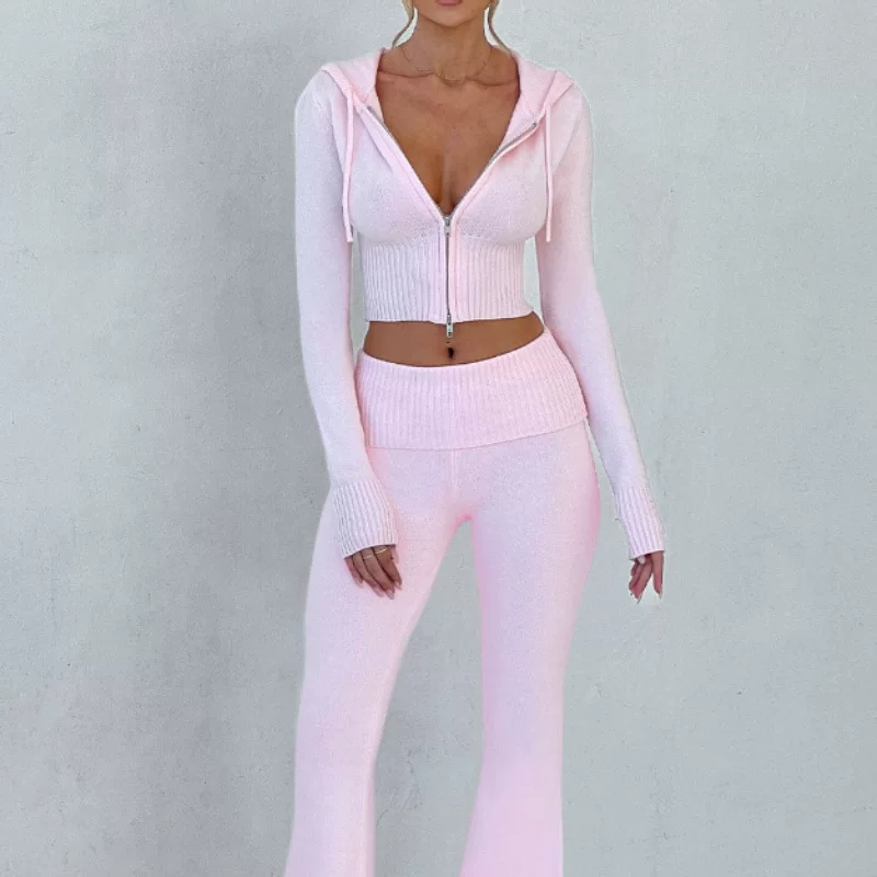 Европейский и американский однотонный короткий худи и casual брюки, женский Two-piece set - однотонный комплект