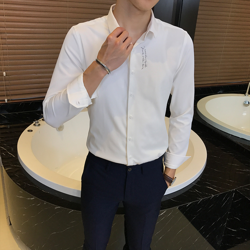 免烫抗皱男装纯色商务衬衫男士字母刺绣长袖衬衣青年休闲修身寸衣