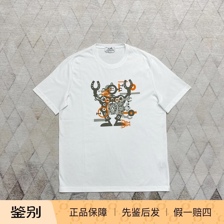 Hermes Spring and Summer Men's Robot T-Shirt Round Neck Pullover White Short-Sleeved Fashion Casual Versatile