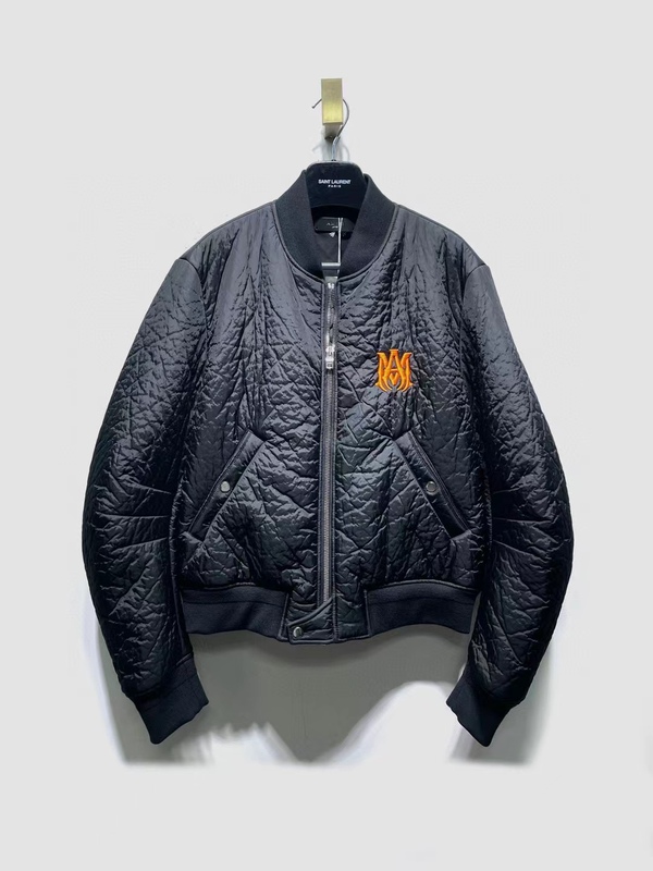Amiri Men's Embroidered Boomer Leather Jacket with Zipper and Baseball Collar, Fashionable and Versatile