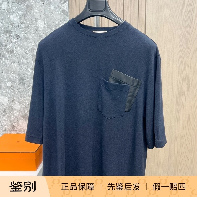 Hermes Men's Casual Short-Sleeve T-Shirt with Leather Pocket, Fashionable and Versatile, Trendy and Light Luxury