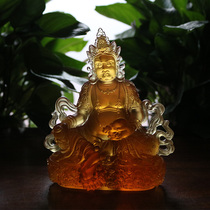 Ancient Glass Yellow God of Wealth Buddha Statue Tantric Tibetan Buddhist Supplies Buddhist Hall Ornament Gift Amber Color Height 15.5cm