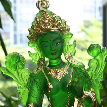 Ancient glass green Tara Buddha statue ornament Guanyin Bodhisattva gold painted face open home offering large 30cm tall