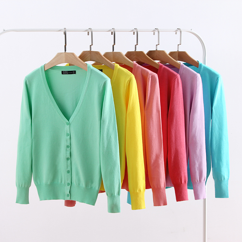 Spring, Summer and Autum Thin Knitted Knitwear Women's Cardigan Long-Sleeved V-Neck Short Knitwear Shawl Jacket Air-Conditioning Shirt