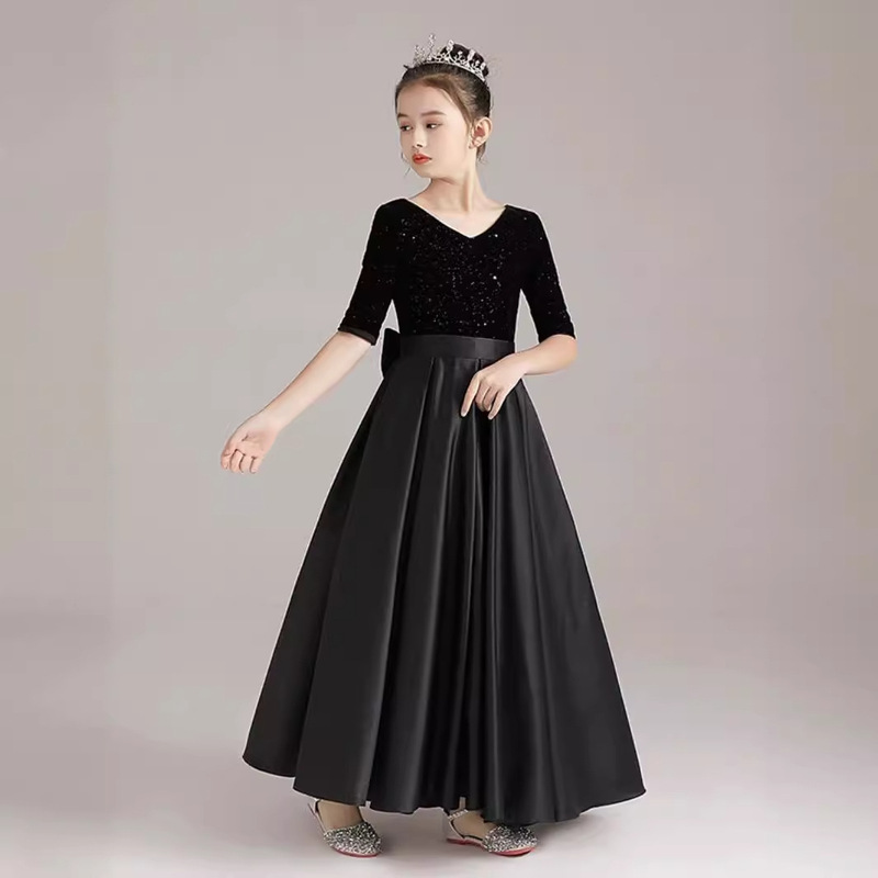 Girls' Black V Neck Piano Dress Performance Dress Princess Dress Kidsren's Orchestra Mid-Sleeve Satin Stage Dress Long