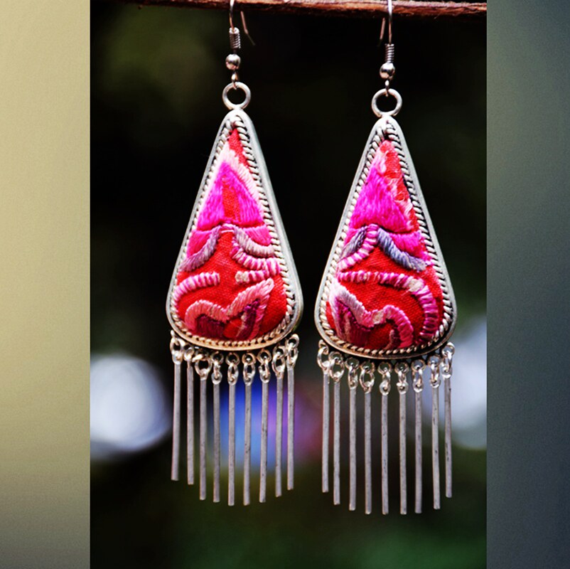 Yunnan Ethnic Wind Pure Handmade Embroidery Miao Silver Earrings Ornament Retro Art & Old Embroidered Film Flow Suearrings