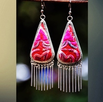 Yunnan ethnic style pure hand embroidered Miao silver earrings jewelry retro art old embroidery piece tassel earrings