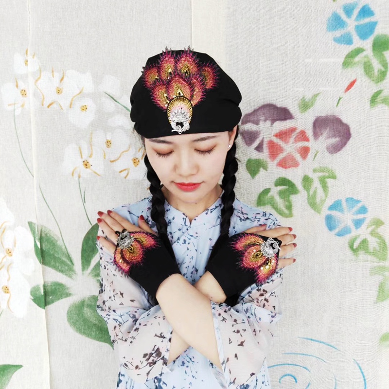 Yang Liping same hair belt ethnic style retro hat peacock feather embroidered flower headdress hat headdress hat hair belt woman