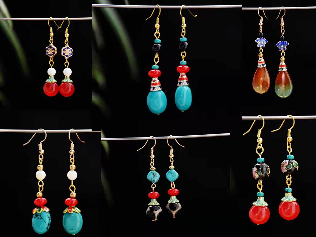 Original ethnic style retro fashion agate earrings Women's simple temperament cat's eye stone diamond earrings wild ear jewelry