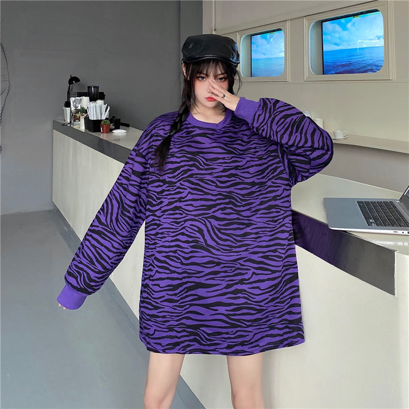 Real shot new loose Pullover women's zebra pattern medium length long sleeve sweater women's clothes