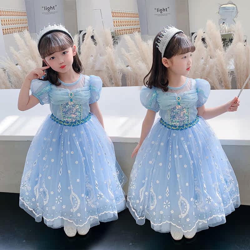 Summer short sleeves Aesha princess dresses girls ice and snow chic rim foreign dress children's birthday dress fluffy dress performance