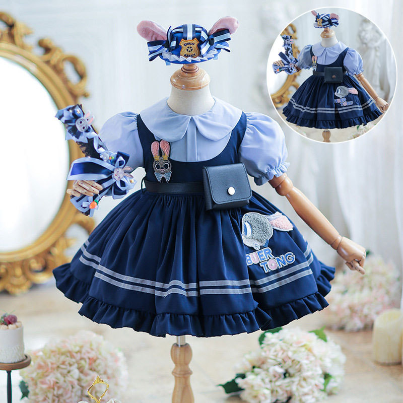 Summer Short-Sleeved Judy Rabbit Police Officer Dress for Girls, Children's Lolita Princess Dress, Girl's Birthday Dress