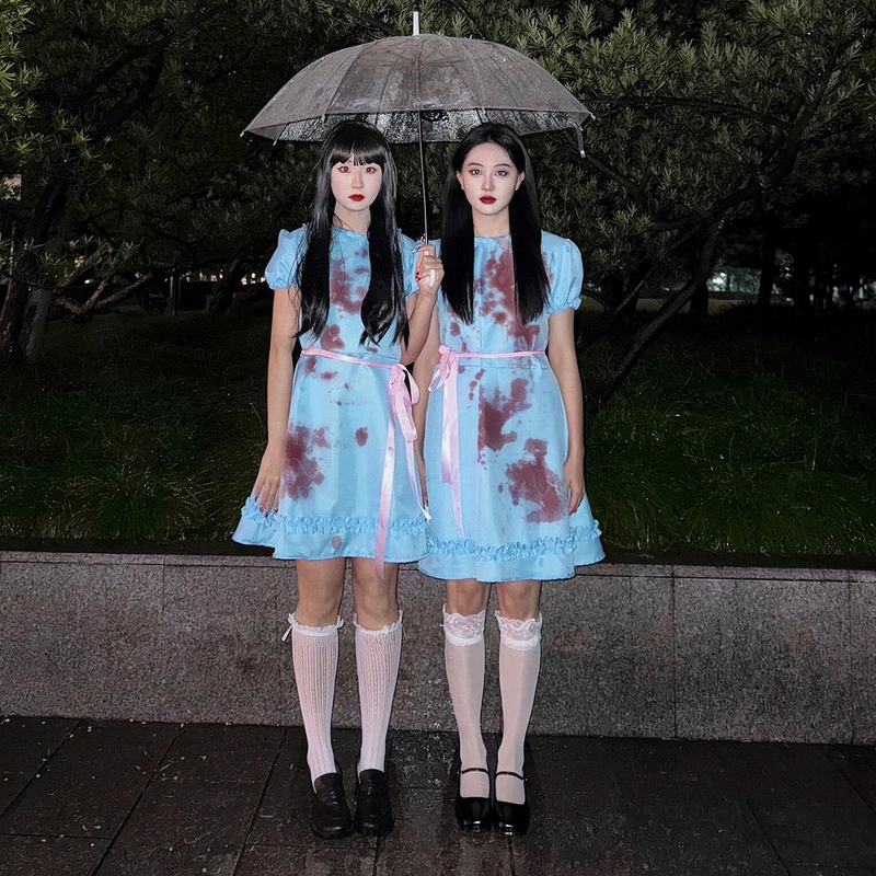 The Shining Cosplay Costume Twin Girls Dress Blue Gown Horror Christmas Outfit