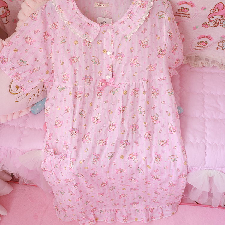 Cartoon Girly Pink Short-Sleeved Nightgown with Doll Collar, Full Cotton Double-Layer Gauze Hem, Ruffled Women's Loungewear