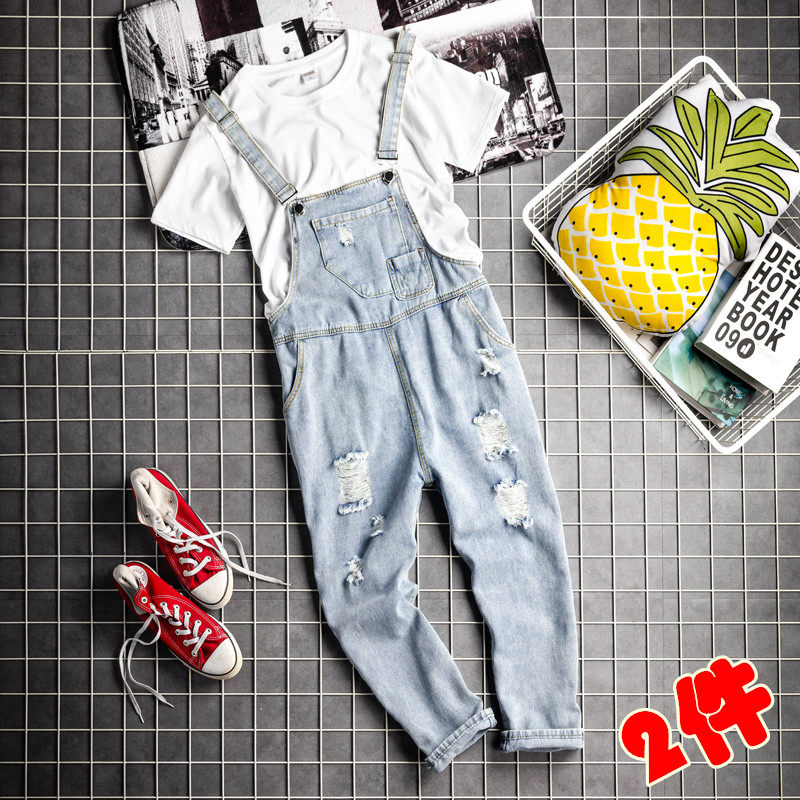 Summer Loose Korean version Couple students with baby bag pants male trend bf Hole Tooling Denim Pendant With Pants and Pants Tide