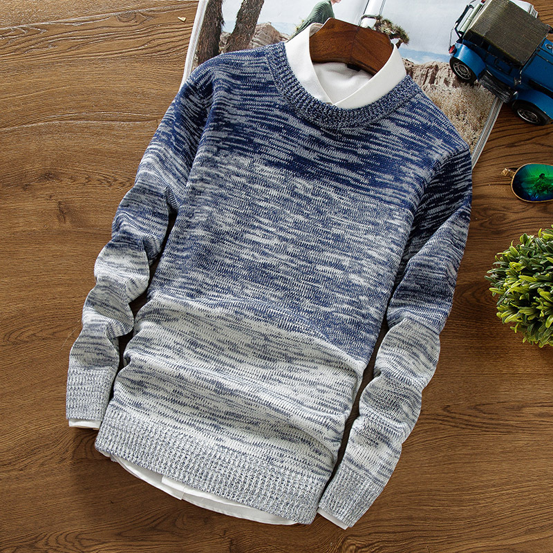Youthful Autumn New Men's Round Neck Pullover Knit Sweater Gradient Color Casual Base Shirt Long Sleeve Thin Trendy