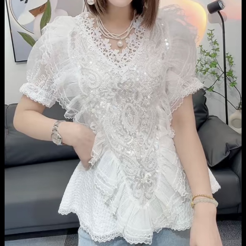 Trendy and Versatile Summer Blouse with Sequins, Slim Fit, Stylish Lace Short Sleeves for Women