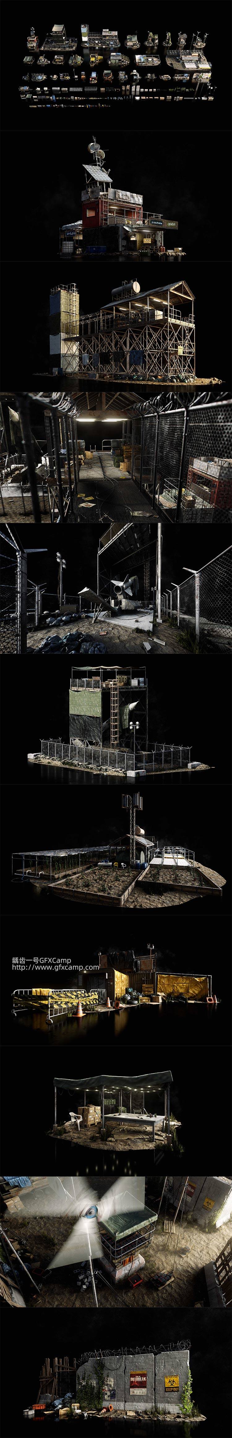 工地军事破旧废墟设施3D模型 C4D/MAX/FBX/OBJ/Maya/Blender/Houdini/Unity/Unreal等