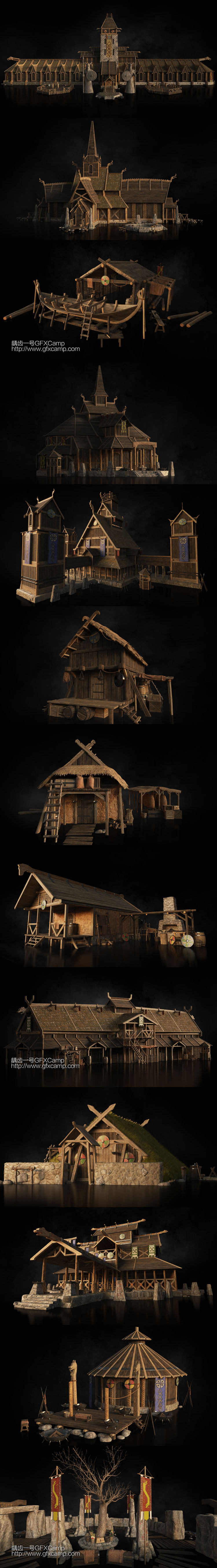 乡村寨子原始部落木屋3D模型 C4D/FBX/OBJ/MAX/Maya/Blender/Houdini/Unity/Unreal等