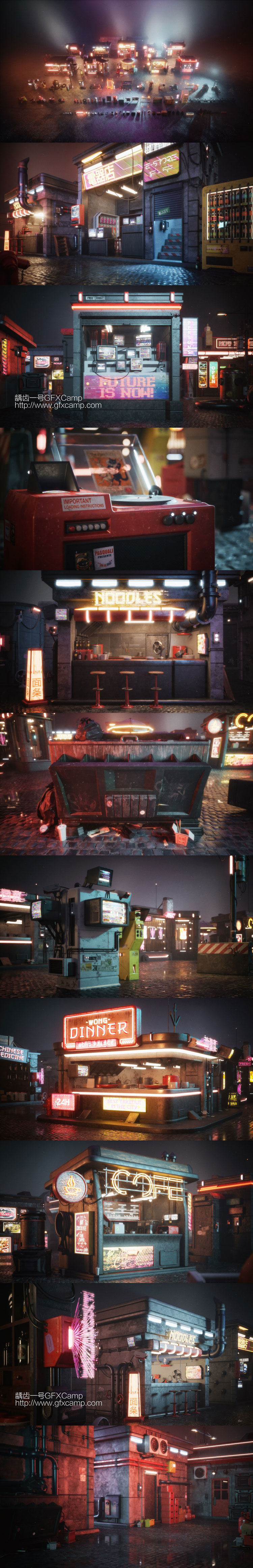 科幻赛博朋克商店楼房建筑3D模型 C4D/FBX/OBJ/MAX/Maya/Blender/Houdini/Unity/Unreal等