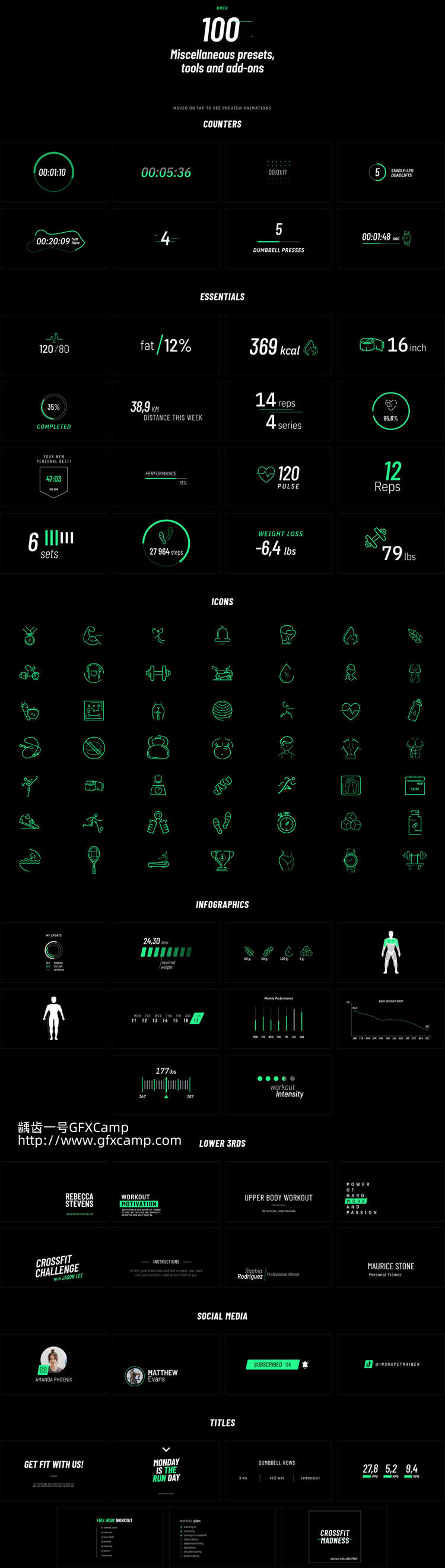 FCPX插件-体育运动健身数据倒计时文字标题字幕图标动画预设 mFitness