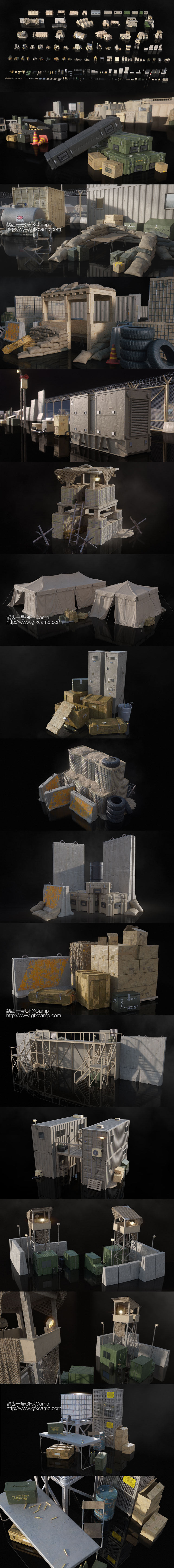 军事营地武器弹药装备设施3D模型 C4D/FBX/OBJ/MAX/Maya/Blender/Houdini/Unity/Unreal等