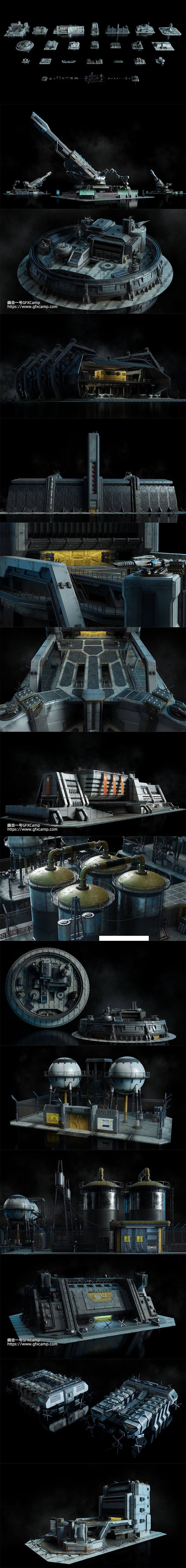 科幻军事基地战争建筑3D模型 C4D/MAX/FBX/OBJ/Maya/Blender/UE等