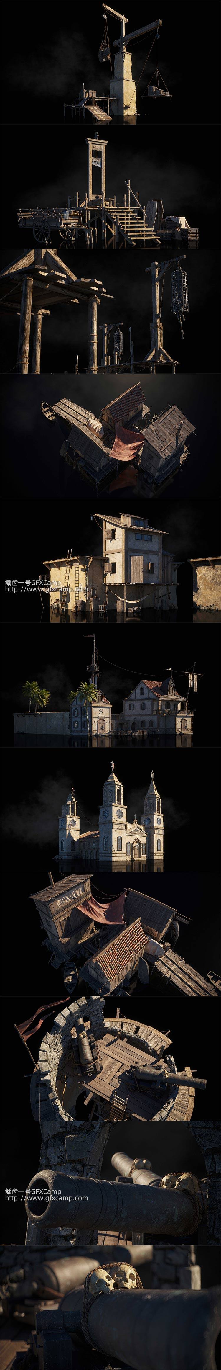 海岛港口码头建筑楼房3D模型 C4D/MAX/FBX/OBJ/Maya/Blender/Houdini/Unity/Unreal等