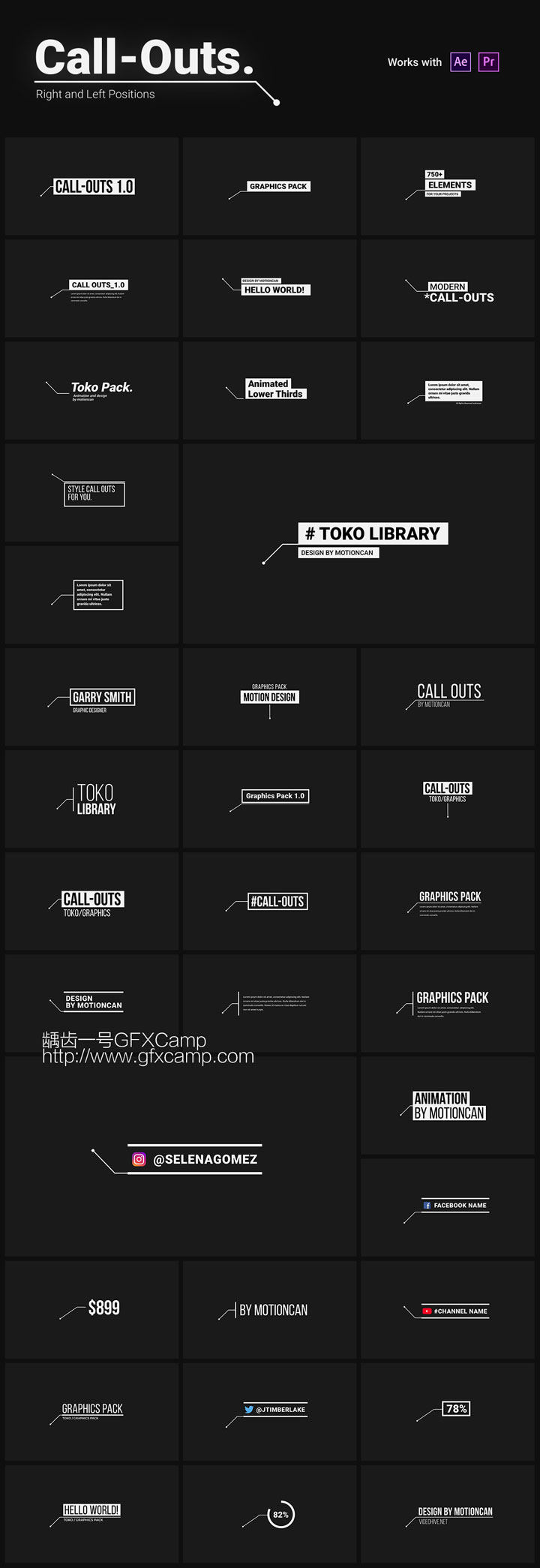 AE脚本+PR预设-1450+时尚排版商品介绍宣传包装文字标题字幕条Logo动画转场背景元素包 Graphics Pack TOKO V3(支持2019)