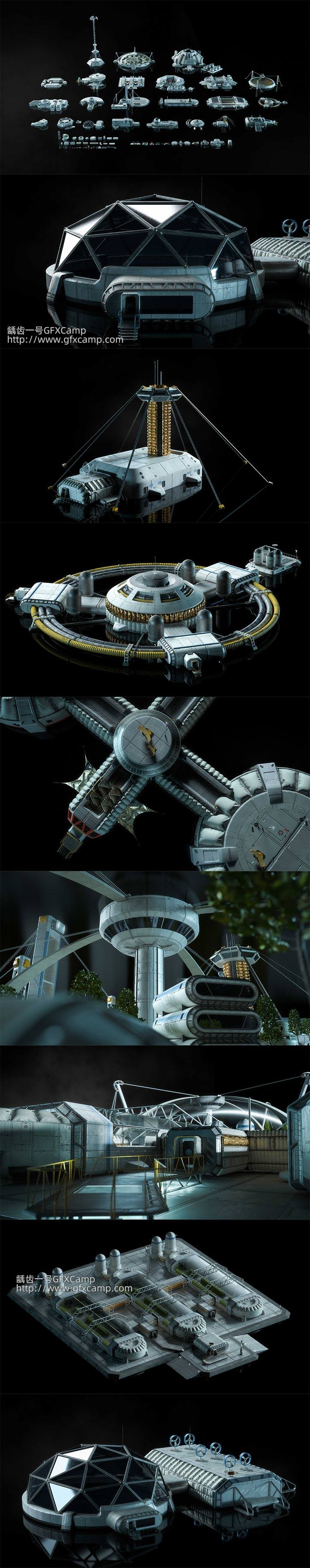 科幻月球基地建筑楼房设施3D模型 C4D/MAX/FBX/OBJ/Maya/Blender/Houdini/Unity/Unreal等