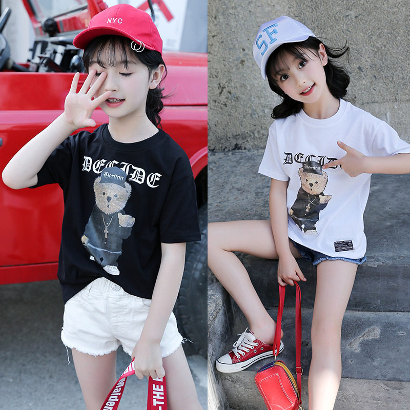 Girls ' Summer Clothes 5 Little Girls 6 Black and white 7 Short-sleeved T-shirt 8 Half-sleeve Body blood 9 Half-sleeve 10t-shirt 12-year-old medium and large children